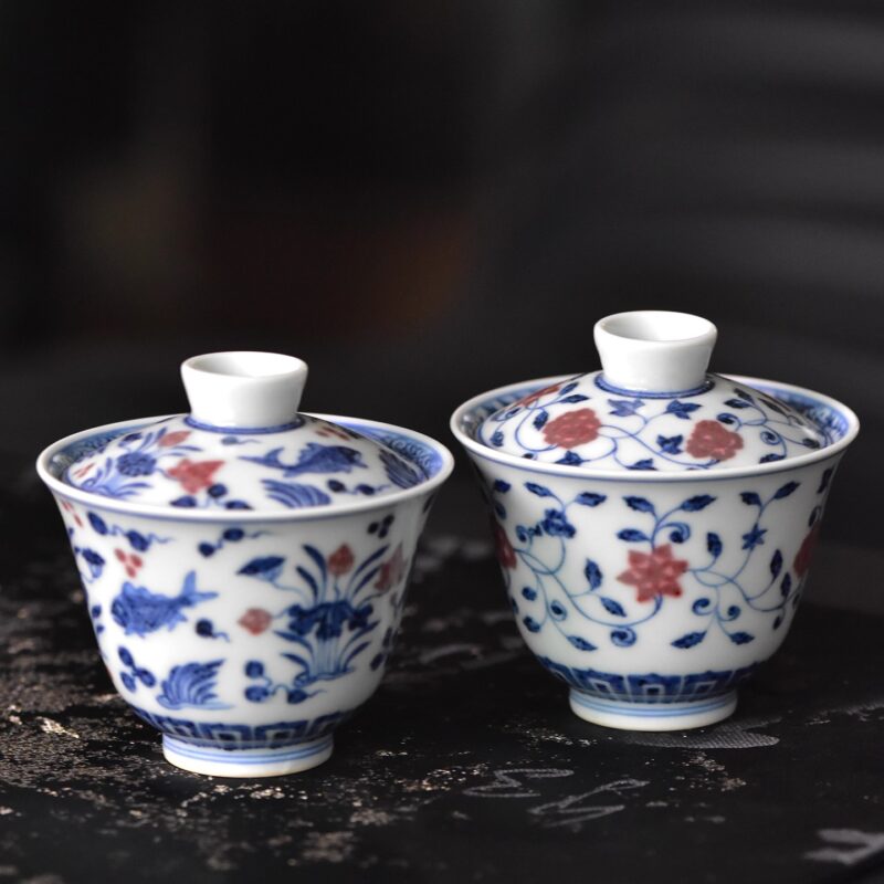 观春怀古青花釉里红鱼澡缠枝莲l小号盖碗