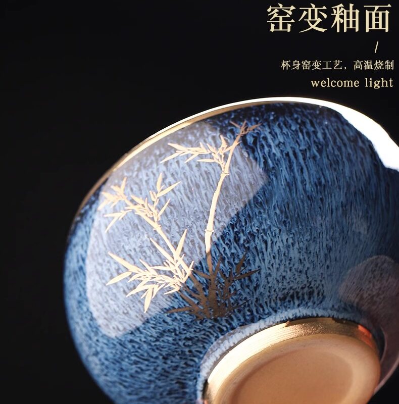 窑变钧瓷茶杯套装6只装描金陶瓷主人杯